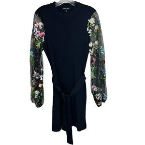 Jealous Tomato Black Sweater Dress Sheer Floral Embroidered Sleeves Waist Tie